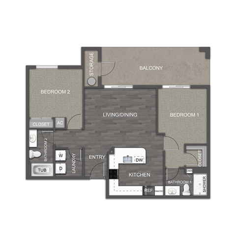 Floor plan for 2 beds, 2 baths, 1216 sqft